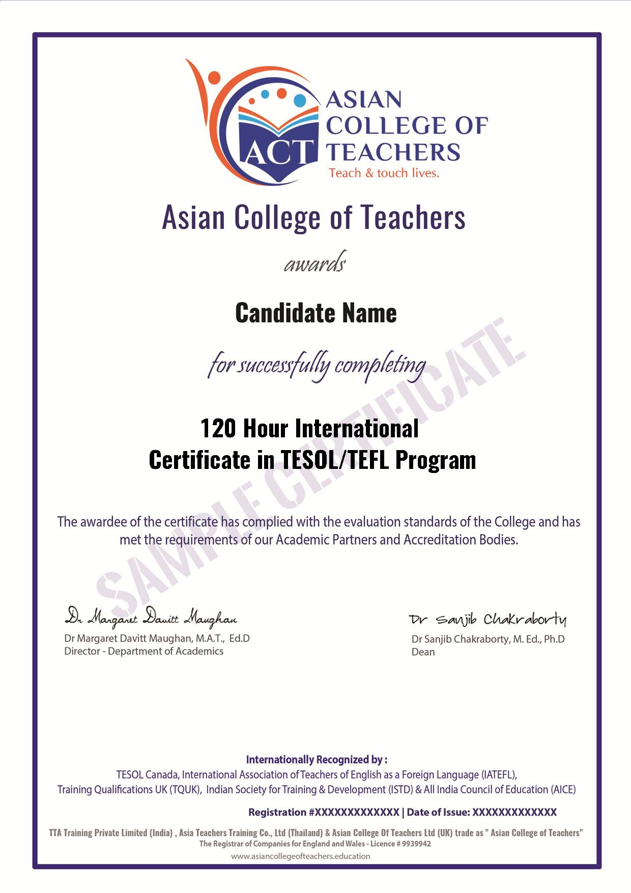Sample Certificate for 120 hours TEFL/TESOL Program