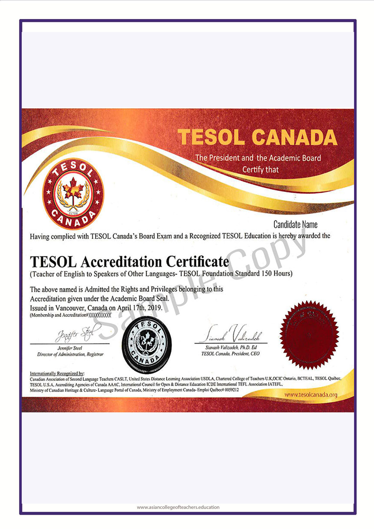 Sample Copy of TESOL Canada Certificate